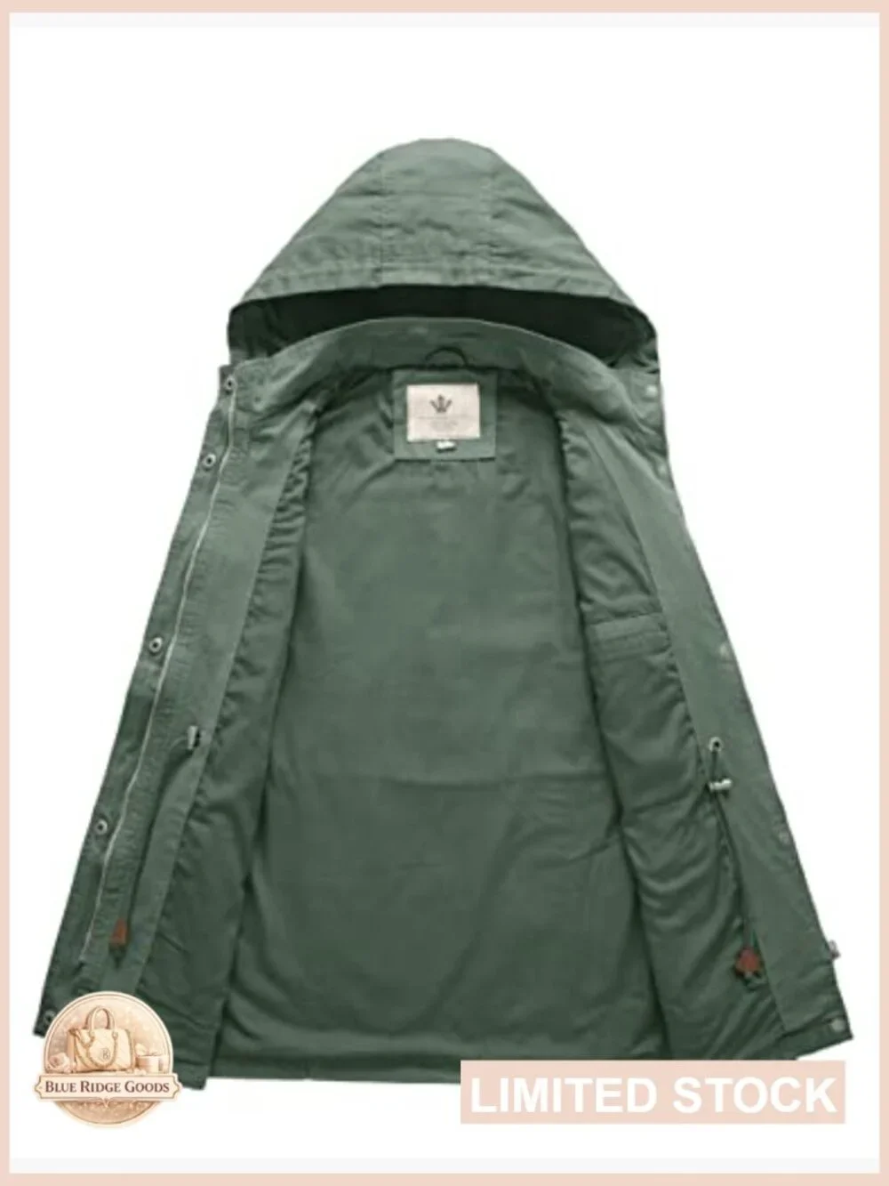 Women's Cotton Military Jacket Lightweight Anorak Coat with Hood Utility Pockets - Picture 4 of 7